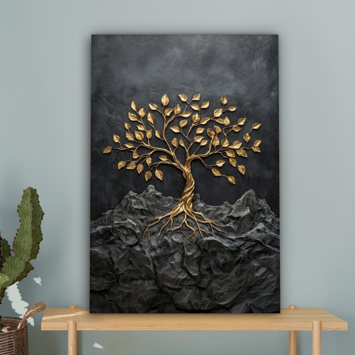 LEINWANDBILD Blätter - Gold - Baum - Fels Wanddeko Schlafzimmer 60x90 cm - Schwarz, Textil (60/90cm) - MuchoWow