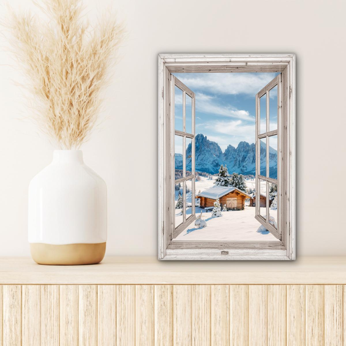 LEINWANDBILD Winterlandschaft - Hütte - Berge - Ausblicke - Aussicht - Natur Deko Wohnzimmer 20x30 cm - Weiß Hochglanz, Textil (20/30cm) - MuchoWow