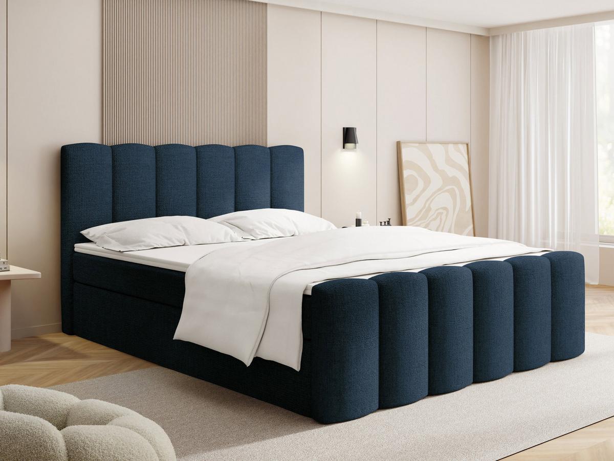 BOXBETT Serenity mit Bettkasten, Dunkelblau Chenille 140x200 cm – inkl. H4 Taschenfederkern Matratze & Foam Topper - Schwarz/Dunkelblau, Holz/Holzwerkstoff (140/200cm) - WFL GROUP