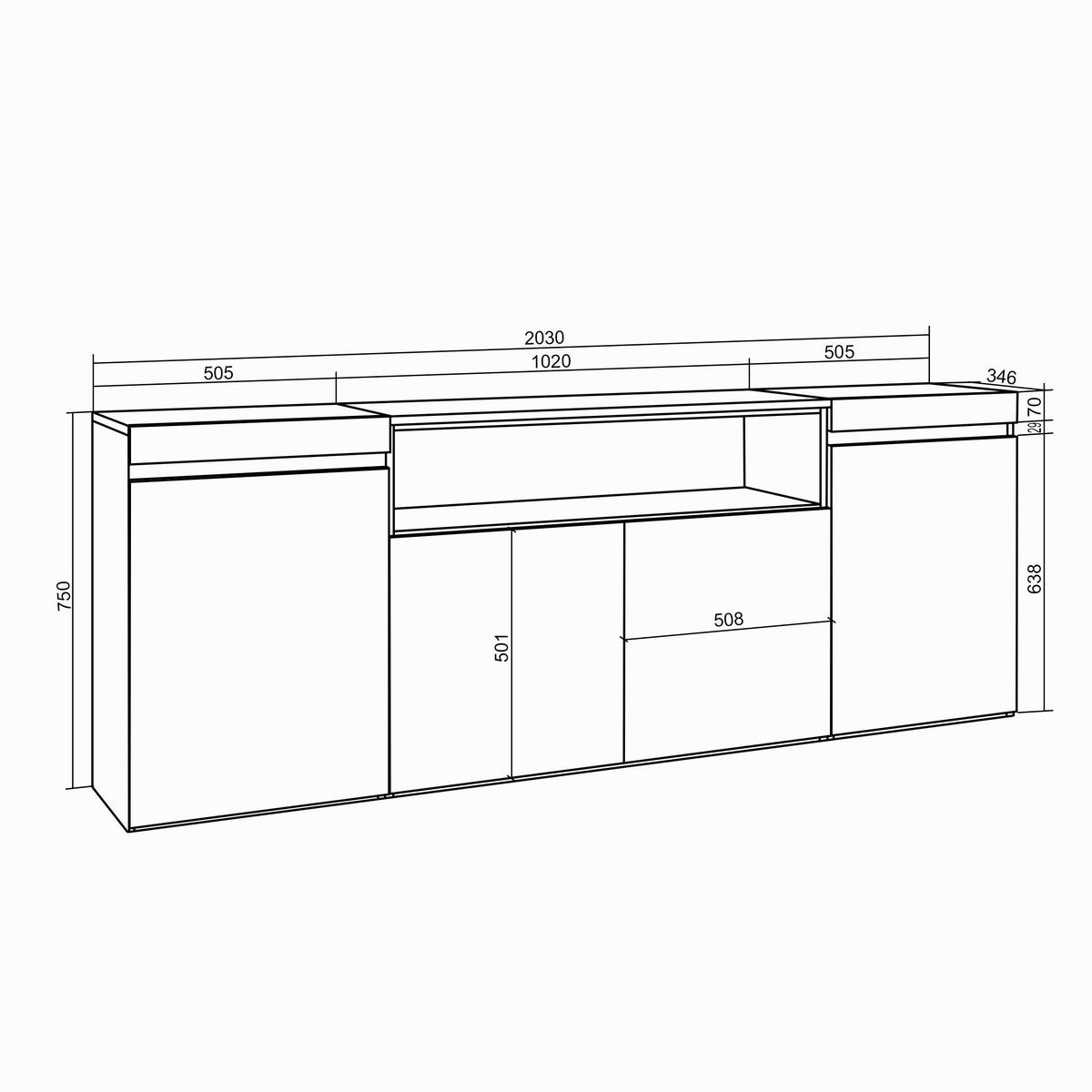 SIDEBOARD mit Elektrokamin, eiche, schwarz, 200/35/75cm - Beige/Multicolor, Holzwerkstoff (200/75/35cm) - Skraut Home
