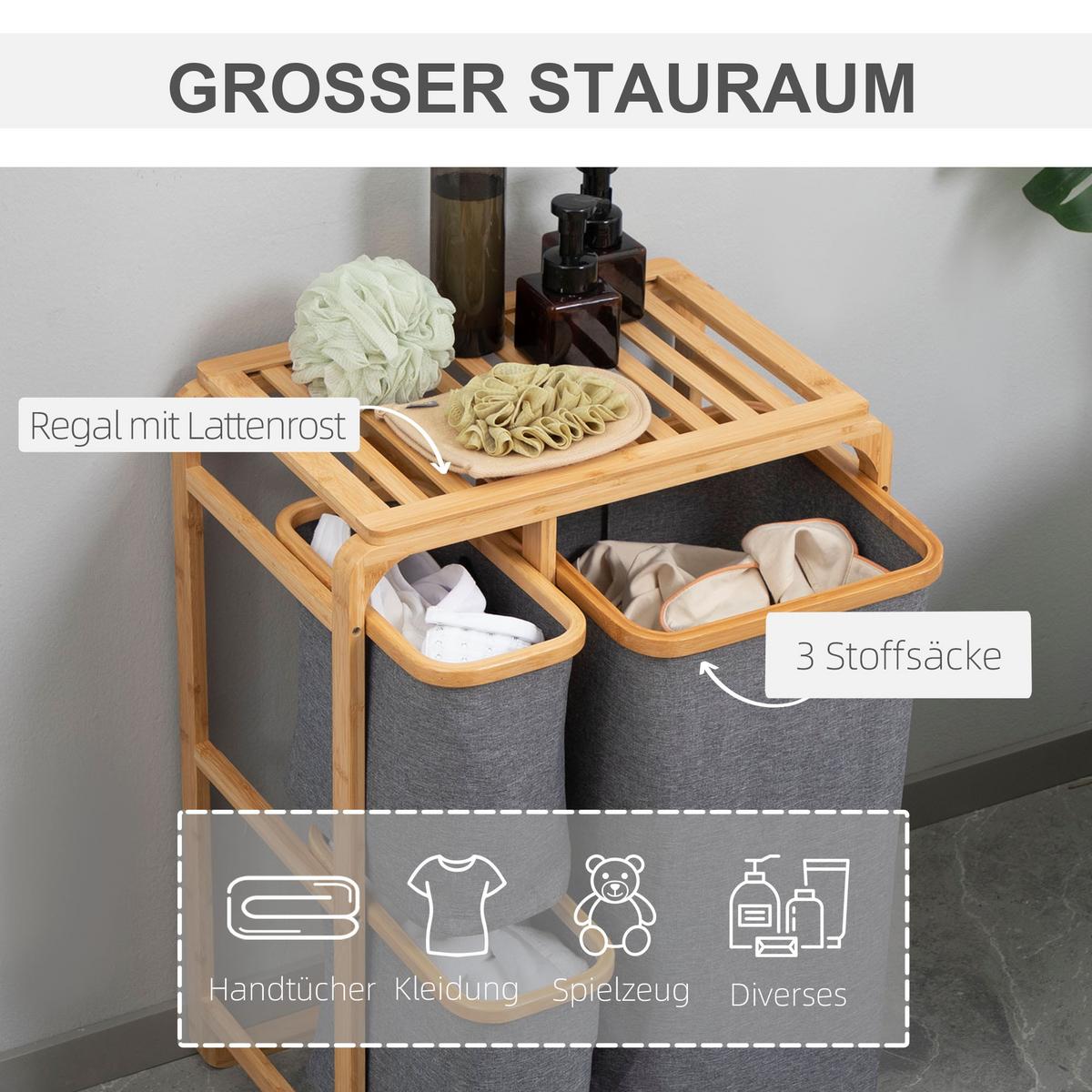 WÄSCHEKORB Wäschebox mit Plattform und 3 abnehmbaren Wäschesacke Wäschesammler - Multicolor, Naturmaterialien (32/69.7/50cm) - HOMCOM