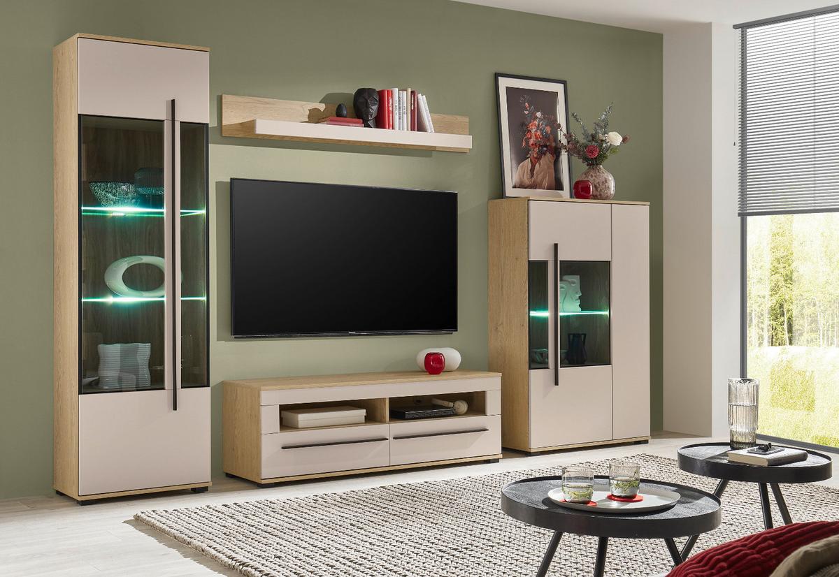 WOHNWAND Kaschmir, Eiche 4-teilig 310 cm, Wohnzimmerschränke mit Soft-Close - Kaschmir/Eichefarben, Glas/Holzwerkstoff (310/200/42cm) - Furn.Design