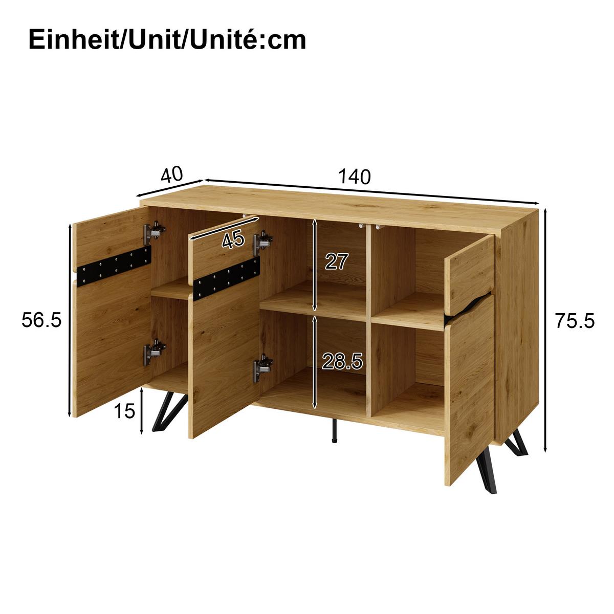 SIDEBOARD Eiche Nachbildung mit 4 Türen und Stabilem Gestell - Eichefarben, Holzwerkstoff/Metall (140/76/40cm) - Urban Meuble