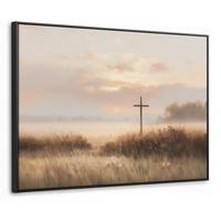 LEINWAND Bilder mit Rahmen - Gras - Morgennebel - Kreuz - Christentum - 80x60 - Beige, Textil (80/60cm) - MuchoWow