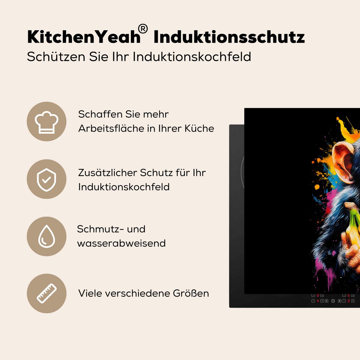 HERDABDECKPLATTE Affe - Graffiti - Farbenfroh - Bananen - Modern Ceranfeldabdeckung 85x52 cm - Gelb, Kunststoff (85/52/0.2cm) - MuchoWow