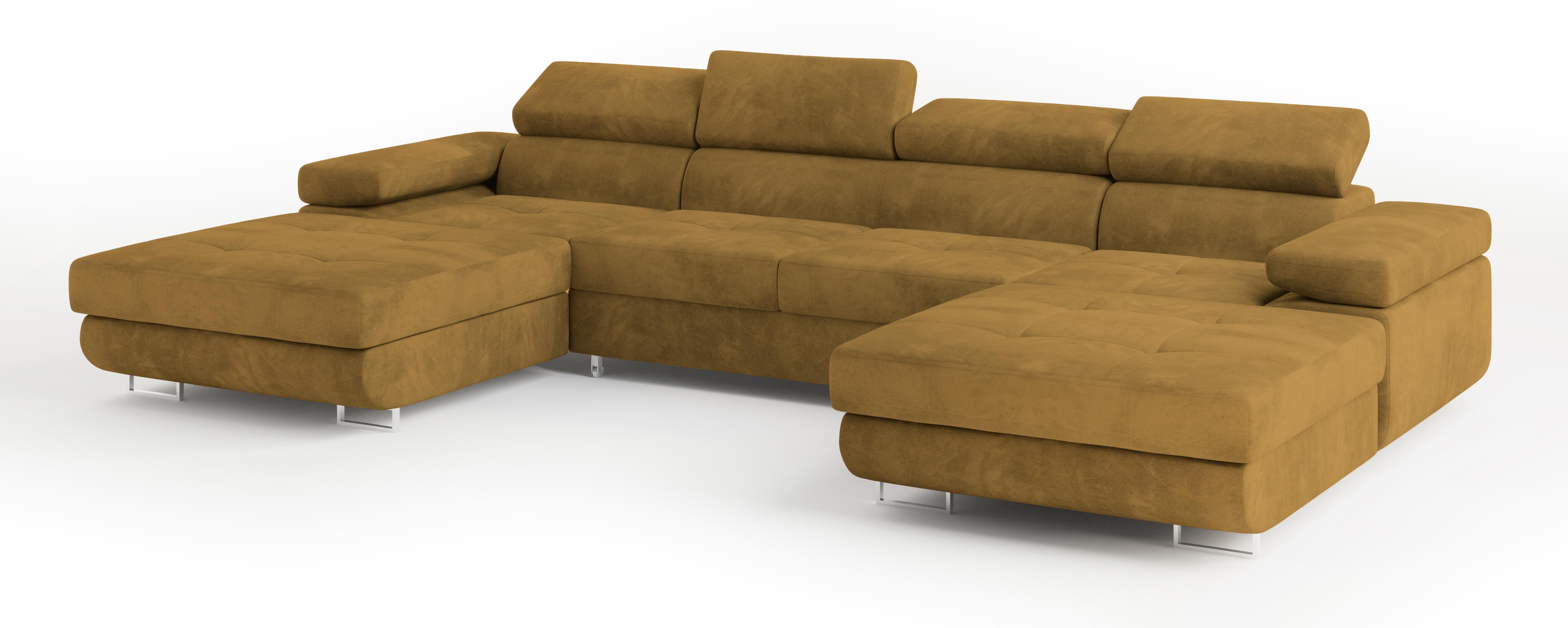 WOHNLANDSCHAFT LYKKE Gelb Velours-Stoff mit Schlaffunktion - Gelb, Holz (353/90/202cm) - MASSENO
