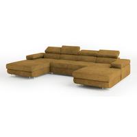 WOHNLANDSCHAFT LYKKE Gelb Velours-Stoff mit Schlaffunktion - Gelb, Holz (353/90/202cm) - MASSENO