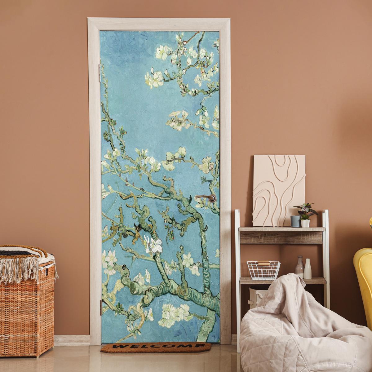 TÜRAUFKLEBER Mandelblüte - Van Gogh - Kunst 90x235 cm - Türtapete - Pastellblau, Kunststoff (90/0.1cm) - MuchoWow