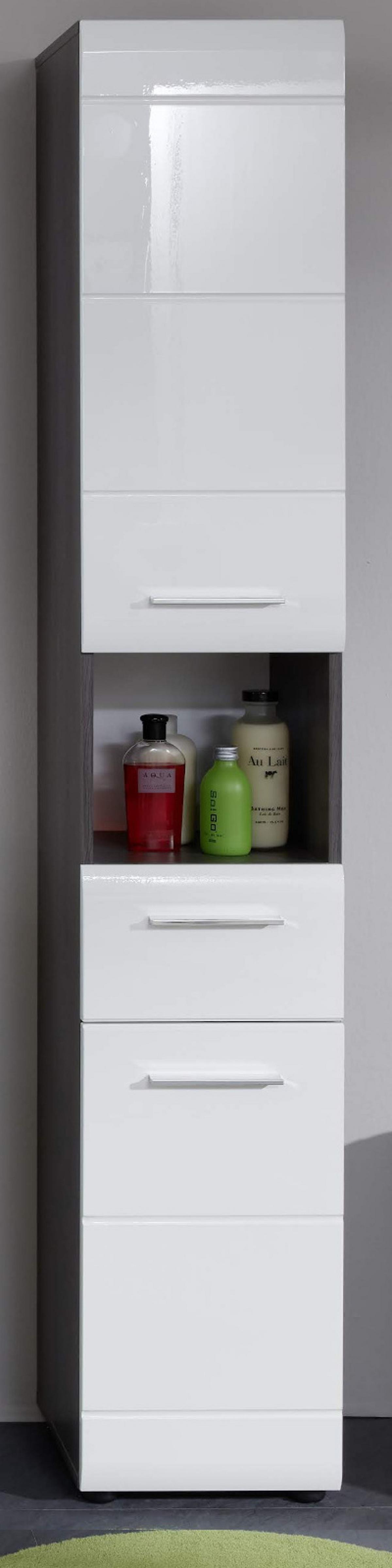 HOCHSCHRANK weiß Hochglanz, grau Rauchsilber 30 cm, Badschrank wechselbarer Türanschlag - Weiß Hochglanz/Silberfarben, Holzwerkstoff/Kunststoff (30/182/31cm) - Top.Furn