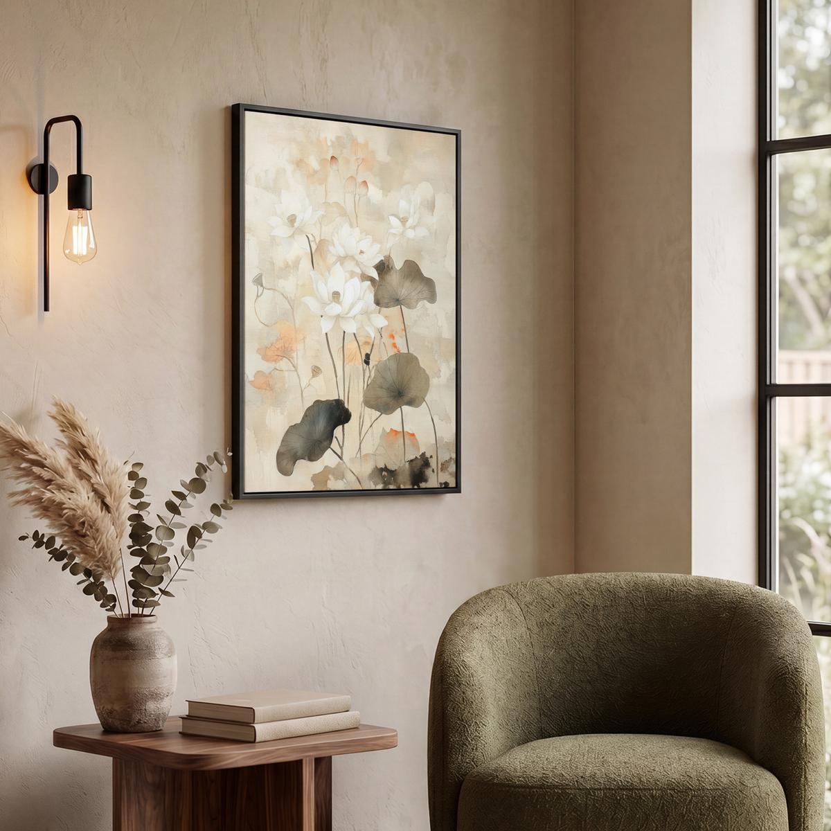 LEINWAND Bilder mit Rahmen - Blumen - Japandi - Wabi sabi - 50x70 - Sandfarben, Textil (50/70cm) - MuchoWow