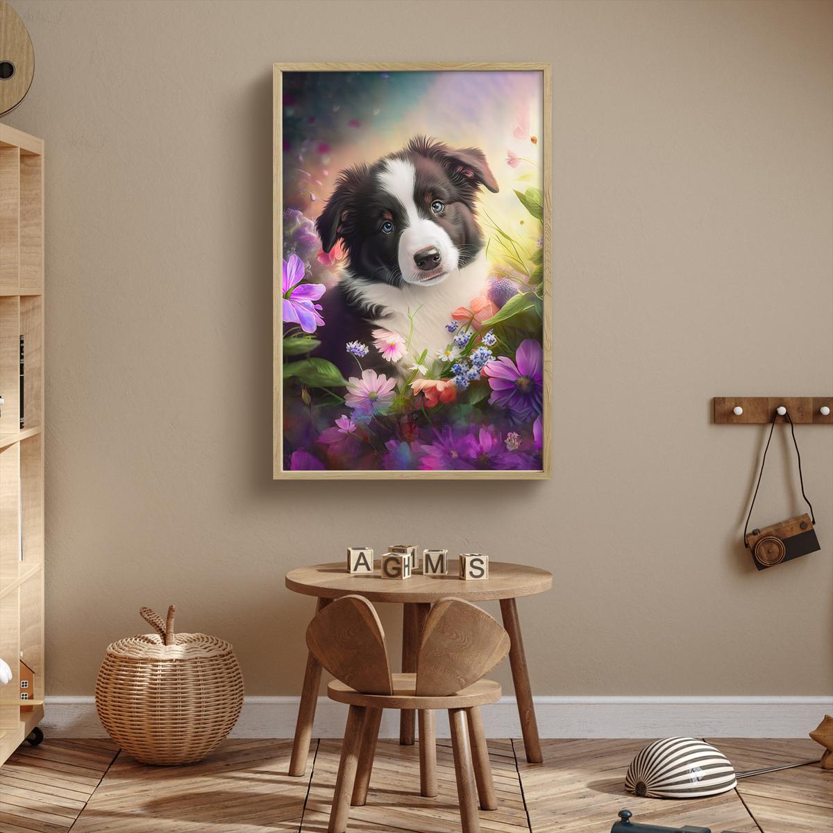 NACHTTISCHLAMPE MIT AKKU Welpe - Sonne - Blumen - Natur - Border Collie - Hund 60x90 cm - Violett, Holzwerkstoff (8/60/90cm) - OnlyWow