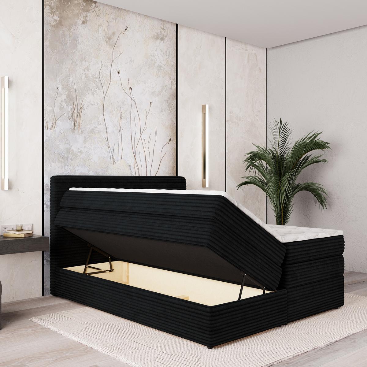 BOXSPRINGBETT LUNERA 180x200 cm mit Matratze und Topper - Schwarz - Schwarz, Holz (180/200cm) - MASSENO