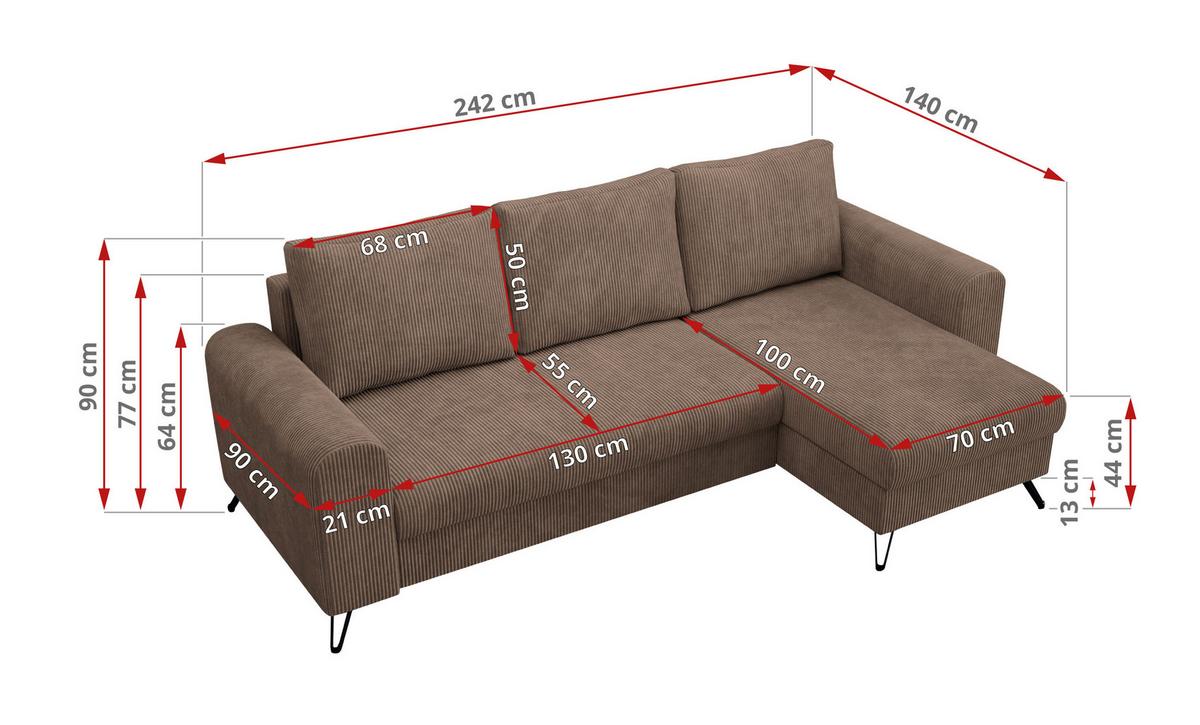 ECKSOFA Hugo Cord Hellbraun - Hellbraun/Schwarz, Textil/Metall (242/140cm) - MKS