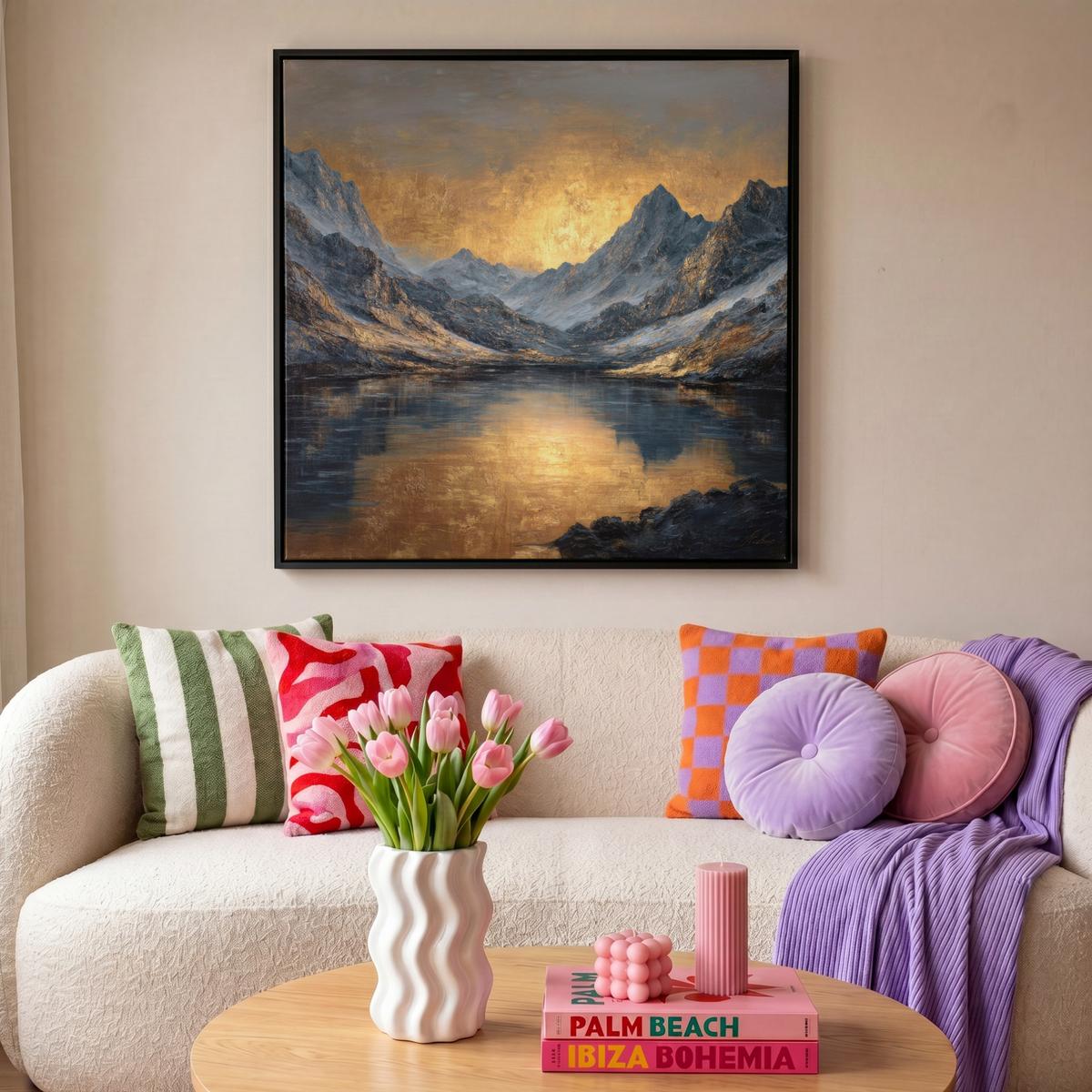 LEINWAND Bilder mit Rahmen - Bergkulisse mit goldenem Sonnenuntergang - 90x90 - Goldfarben, Textil (90/90cm) - MuchoWow