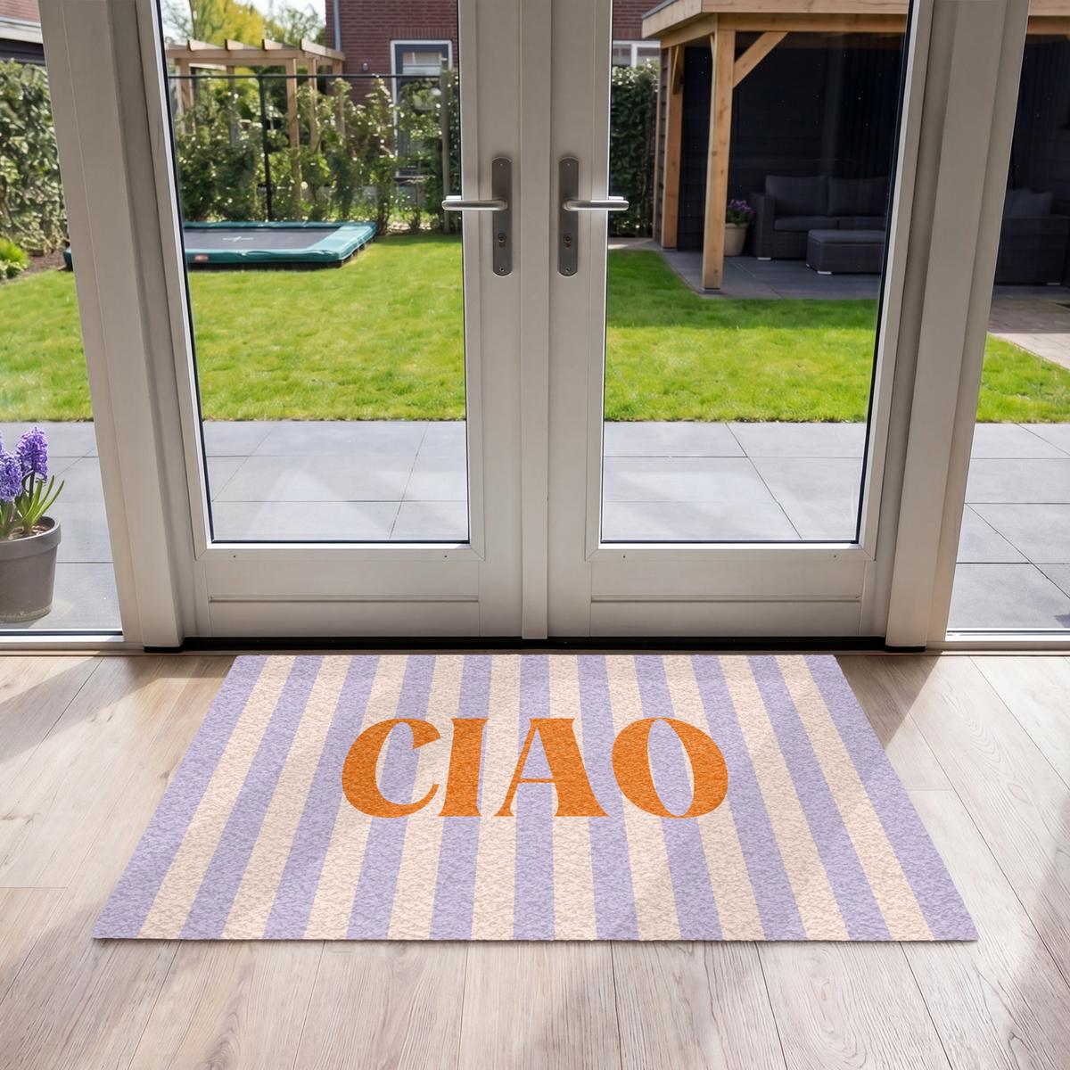 FUSSMATTE Ciao - Zitat - Pastell - Streifen Schmutzfangmatte 120x80 cm - Flieder, Kunststoff (120/0.4cm) - MuchoWow