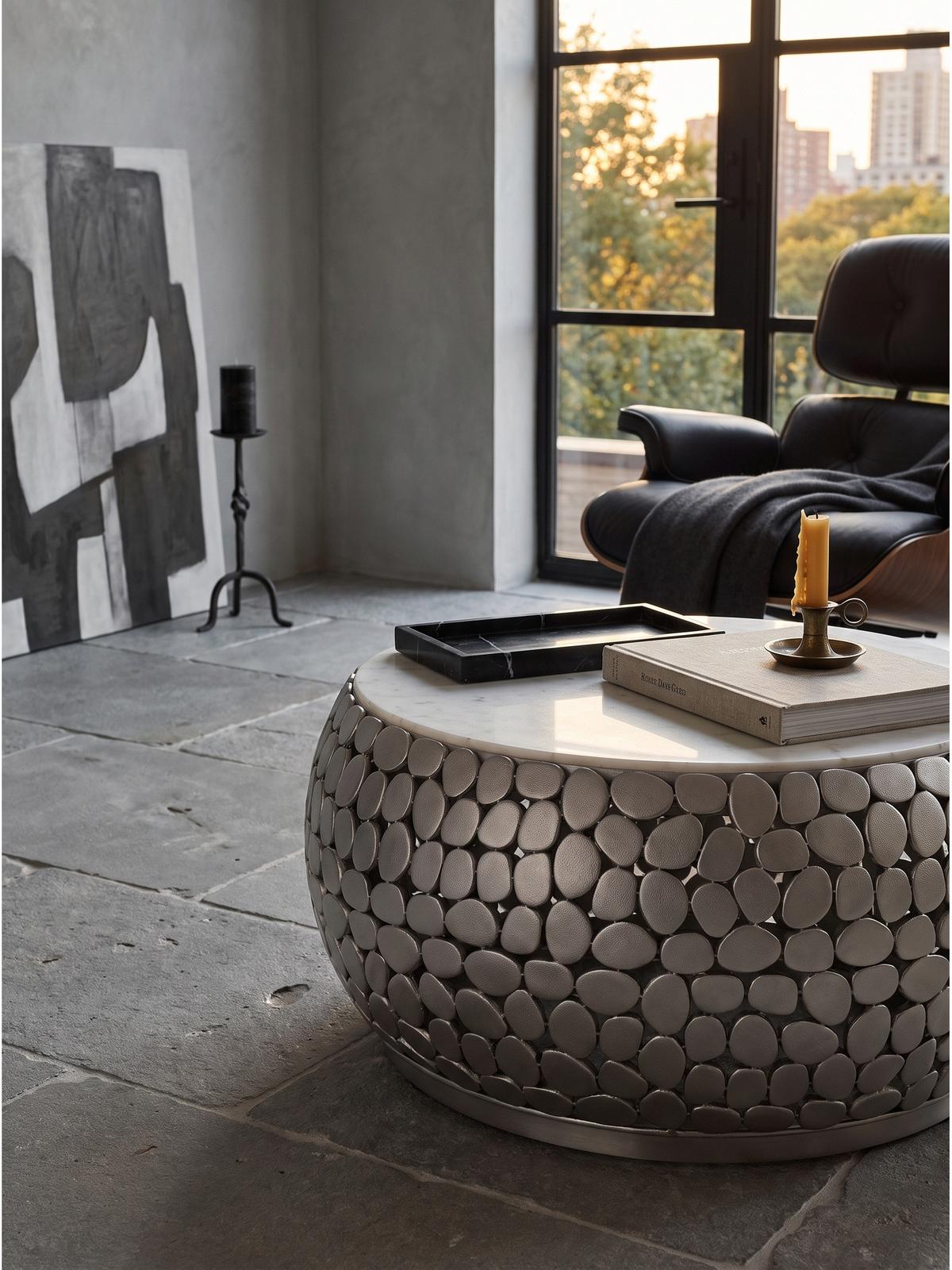 COUCHTISCH DIEMEL, Marmor, handgefertigt, Silber-Weiß, Ø 66 x 32 cm - Silberfarben, Stein/Metall (66/66/32cm) - KADIMA DESIGN