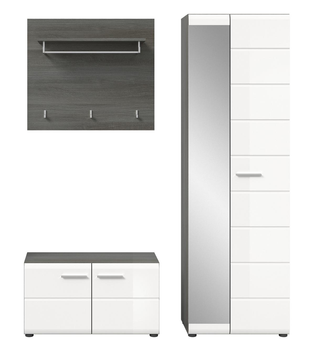 GARDEROBE Set 3-teilig weiß Hochglanz, grau 155 cm, Komplettset mit viel Stauraum - Weiß Hochglanz/Silberfarben, Glas/Holzwerkstoff (155/192/37cm) - Inn.Furn
