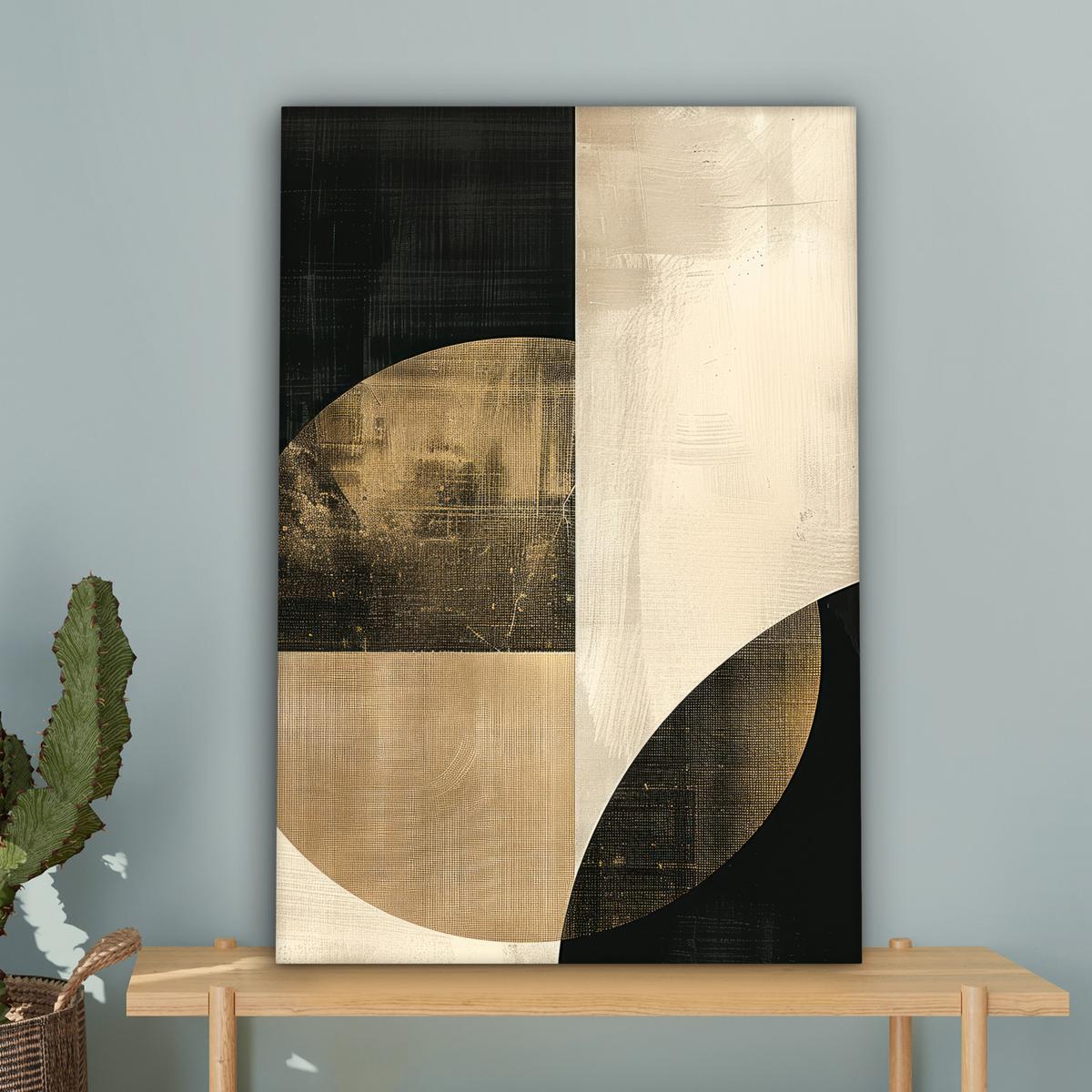 LEINWANDBILD Abstrakt - Geometrische Formen - Schwarz - Gold Wanddeko Schlafzimmer 60x90 cm - Ecru, Textil (60/90cm) - MuchoWow