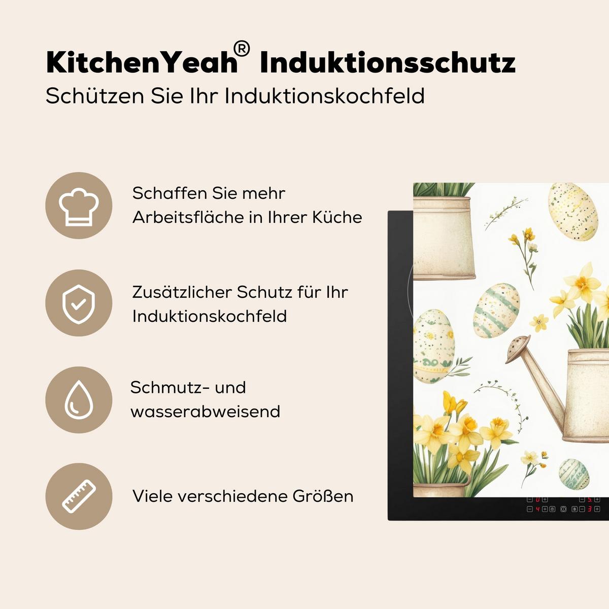 HERDABDECKPLATTE Gießkanne - Blumen - Eier Herdabdeckung Induktionsfeld 65x52 cm - Weiß, Kunststoff (65/52/0.2cm) - MuchoWow