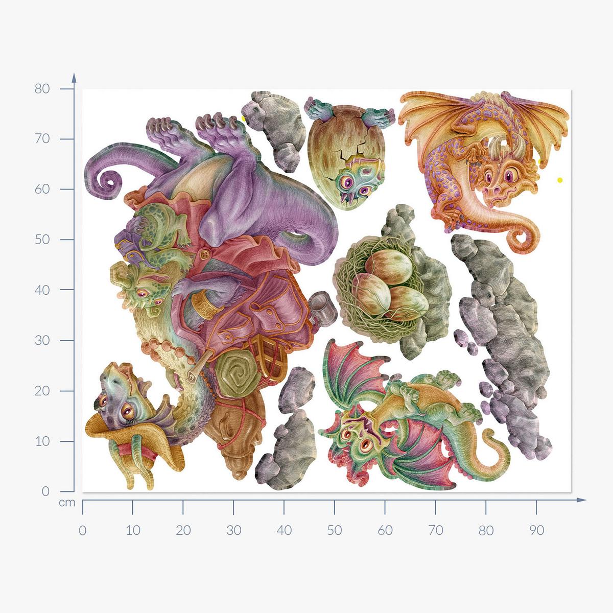 WANDAUFKLEBER 80x97cm - Drachenfamilie - Multicolor, Kunststoff (80/97/0.1cm) - Wallfluent