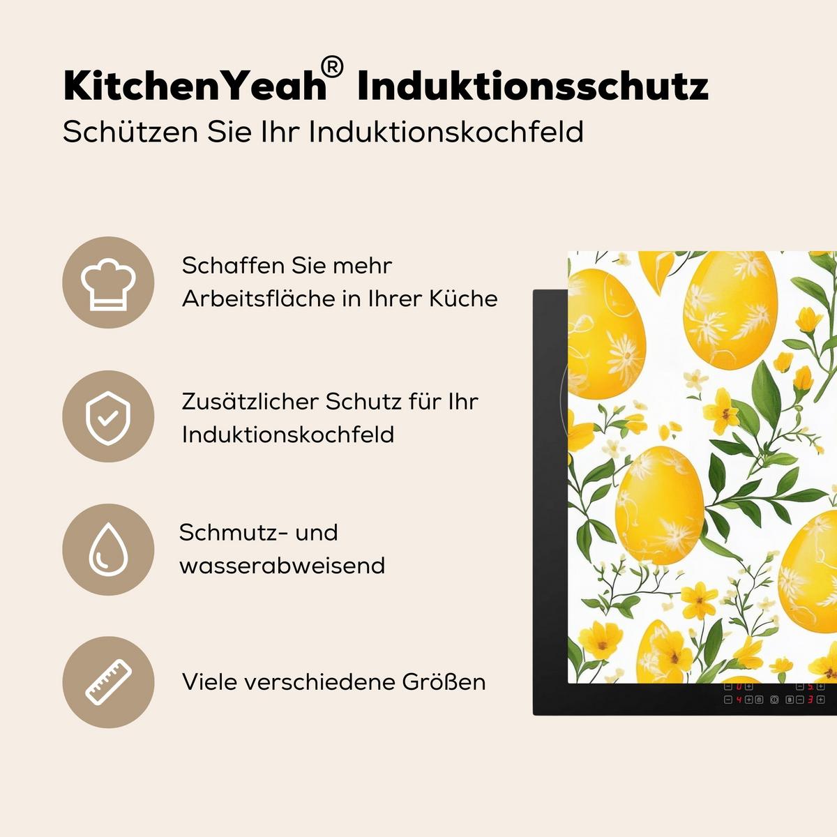 HERDABDECKPLATTE Blumen - Ostereier - Gelb Induktionsmatte 77x51 cm - Gelb, Kunststoff (77/51/0.2cm) - MuchoWow