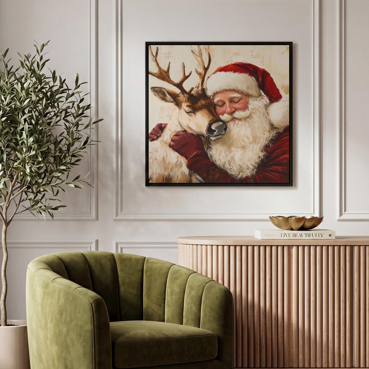 LEINWAND Bilder mit Rahmen - Weihnachtsmann - Rentier - Weihnachten - 50x50 - Rotbraun, Textil (50/50cm) - MuchoWow