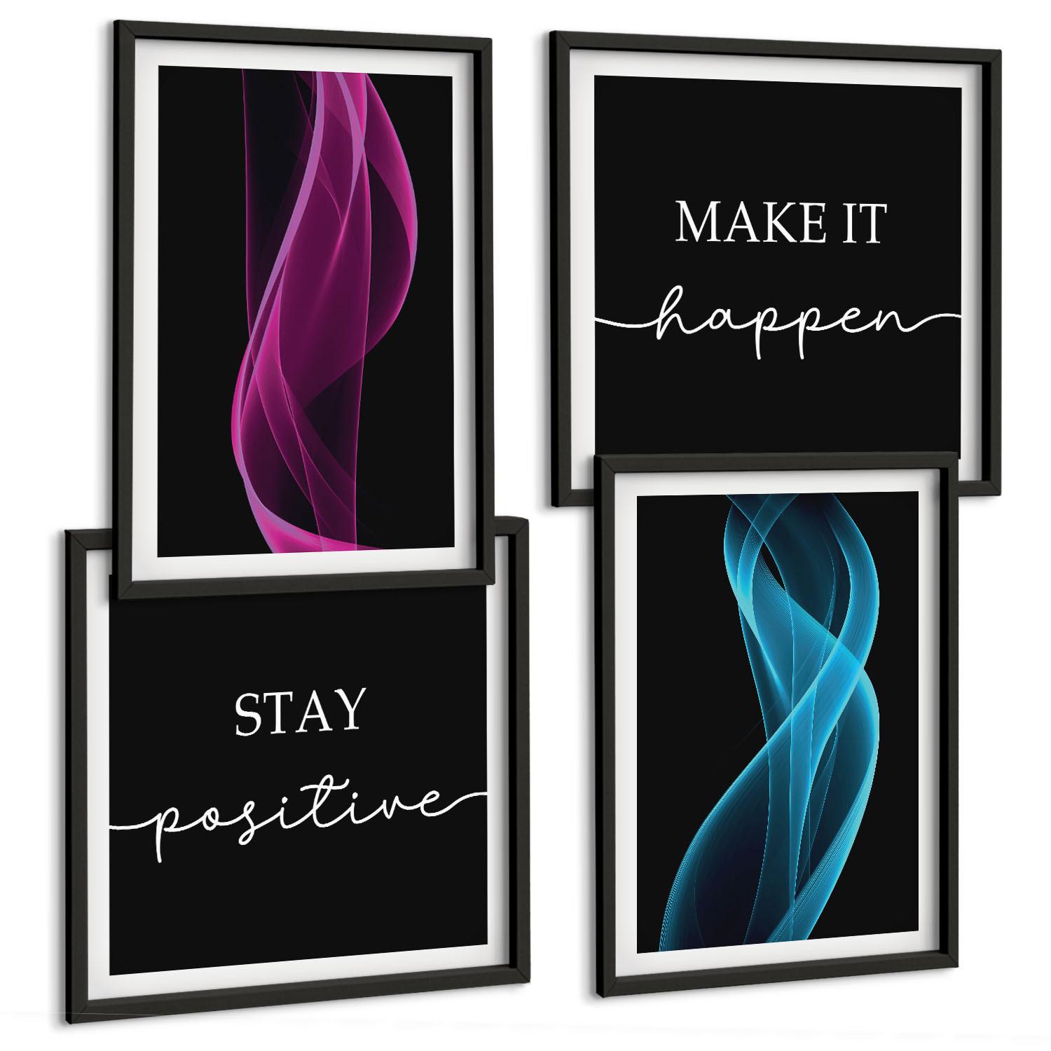 BILDER SET 4er Set - 50x50 cm & 40x60 cm Schwarzer Rahmen - Neonlinienwellen im Hintergrund - Schwarz, Kunststoff (50/50cm) - TULUP