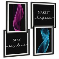 BILDER SET 4er Set - 50x50 cm & 40x60 cm Schwarzer Rahmen - Neonlinienwellen im Hintergrund - Schwarz, Kunststoff (50/50cm) - TULUP