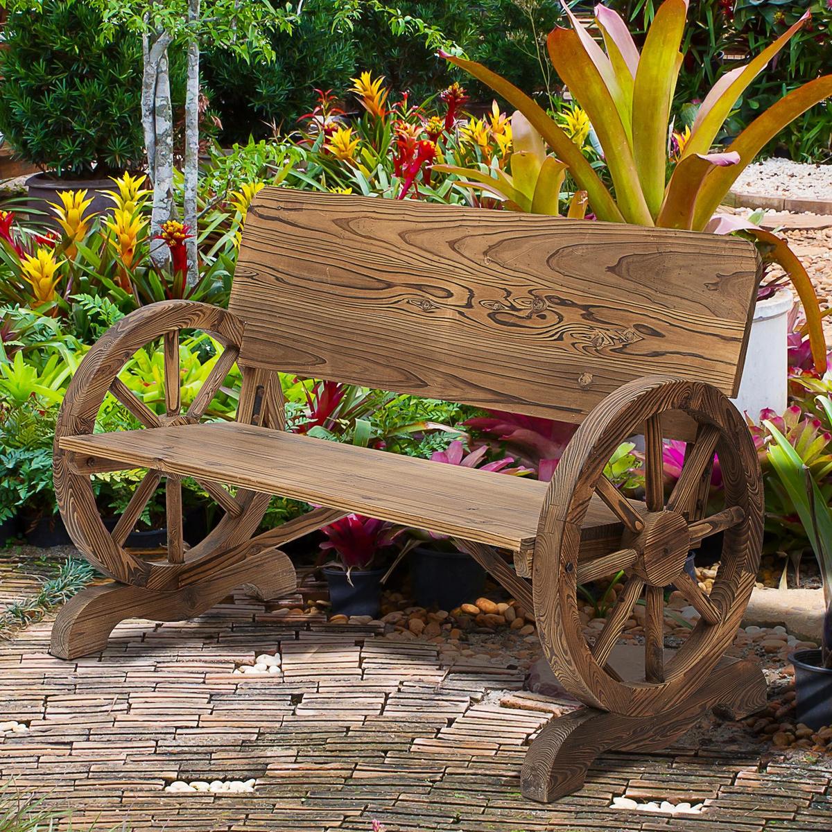 GARTENBANK mit Armlehne, Sitzbank mit Wagenräder-Design, Massivholz, Braun - Dunkelbraun, Holz (58/80/114cm) - Outsunny