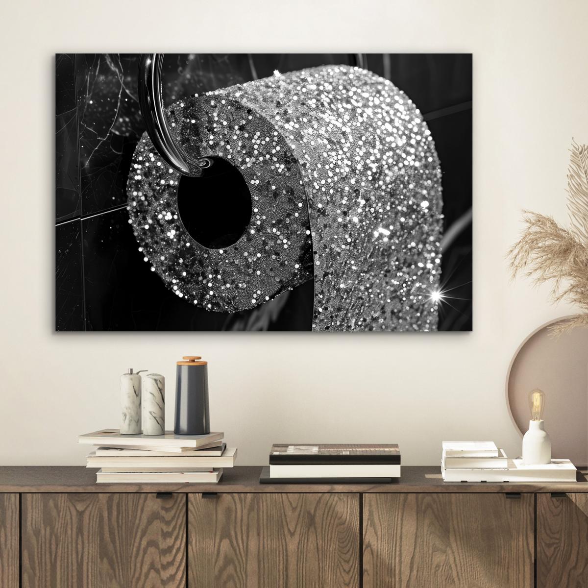 METALLBILD WC - Toilettenpapier - Schwarz und weiß - Glitter Wandbild 60x40 cm - Silberfarben, Metall (60/40cm) - MuchoWow