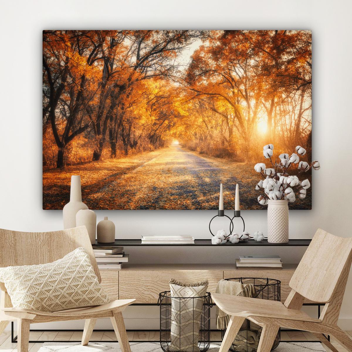 LEINWANDBILD Wald - Herbst - Bäume - Waldweg - Natur XXL 150x100 cm - Bernsteinfarben, Textil (150/100cm) - MuchoWow