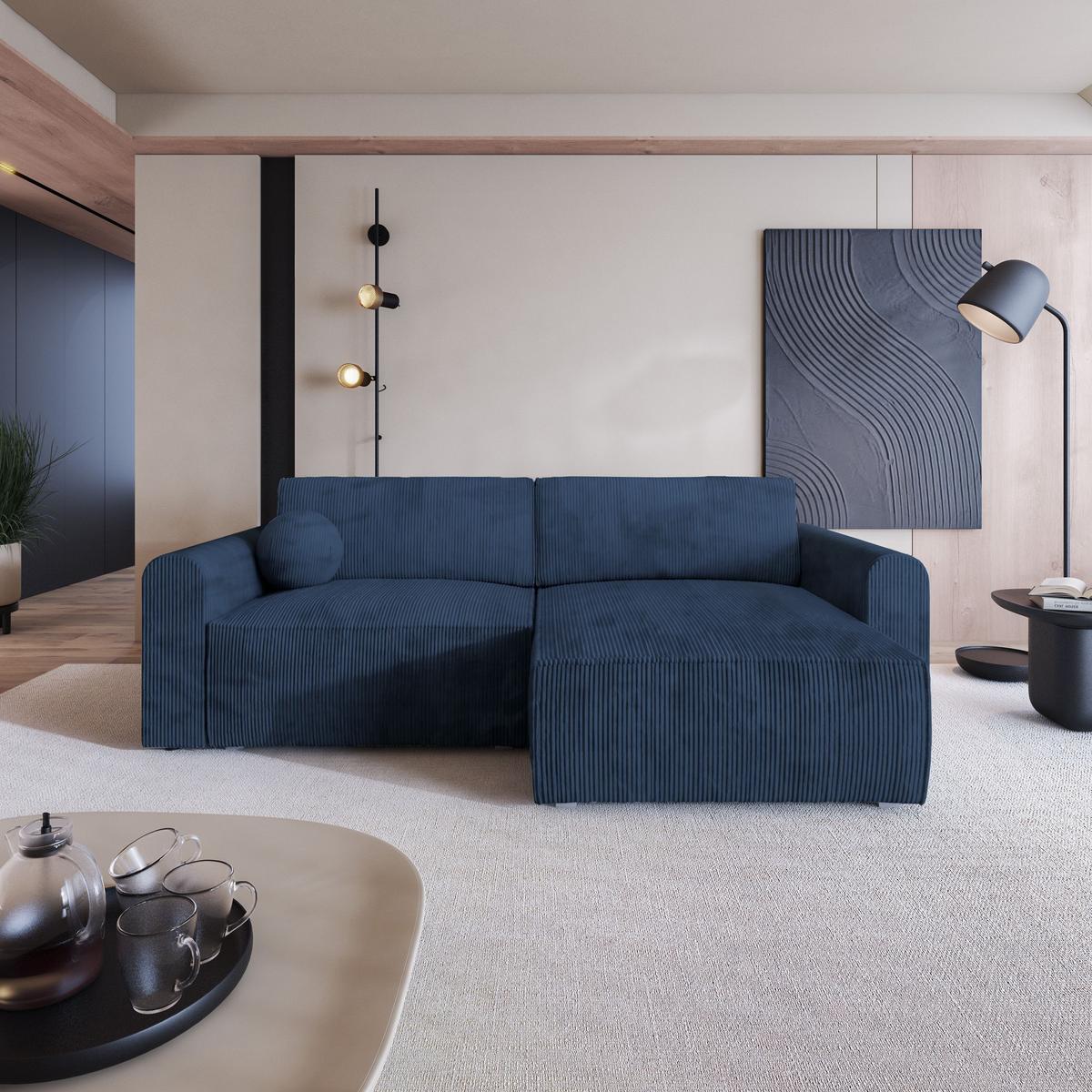 ECKSOFA FIANO P Blau Kordstoff mit Schlaffunktion - Blau/Grau, Holz/Kunststoff (245/148cm) - MASSENO