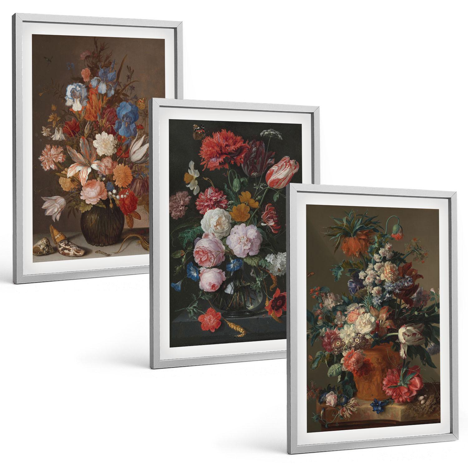 BILDER SET 3er Set - 40x60 cm Silberner Rahmen - Blumenarrangements in Vasen - Silberfarben, Kunststoff (40/60cm) - TULUP