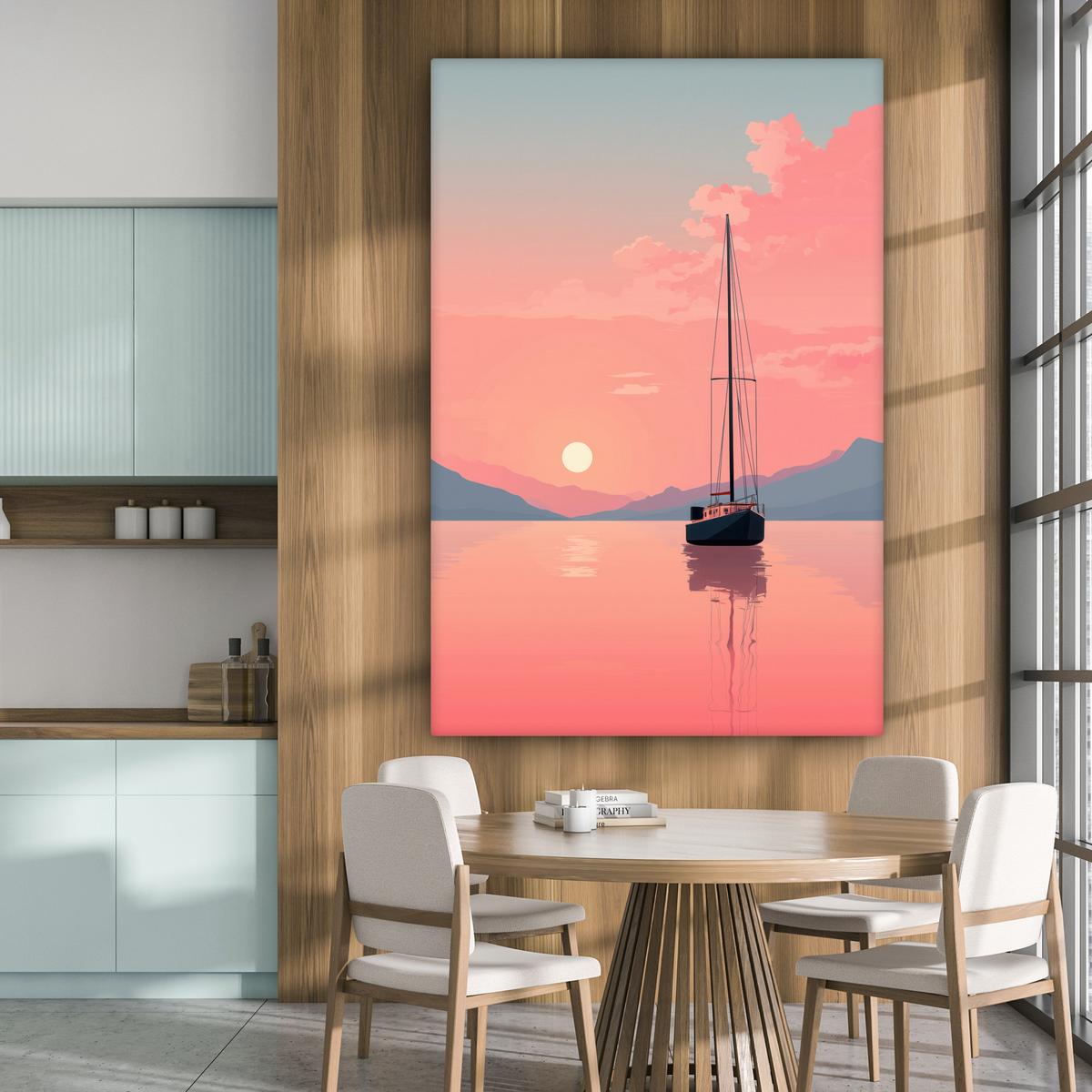 LEINWANDBILD Segelboot - Rosa Meer - Sonnenuntergang - Berge Deko Groß 90x140 cm - Rosa, Textil (90/140cm) - MuchoWow