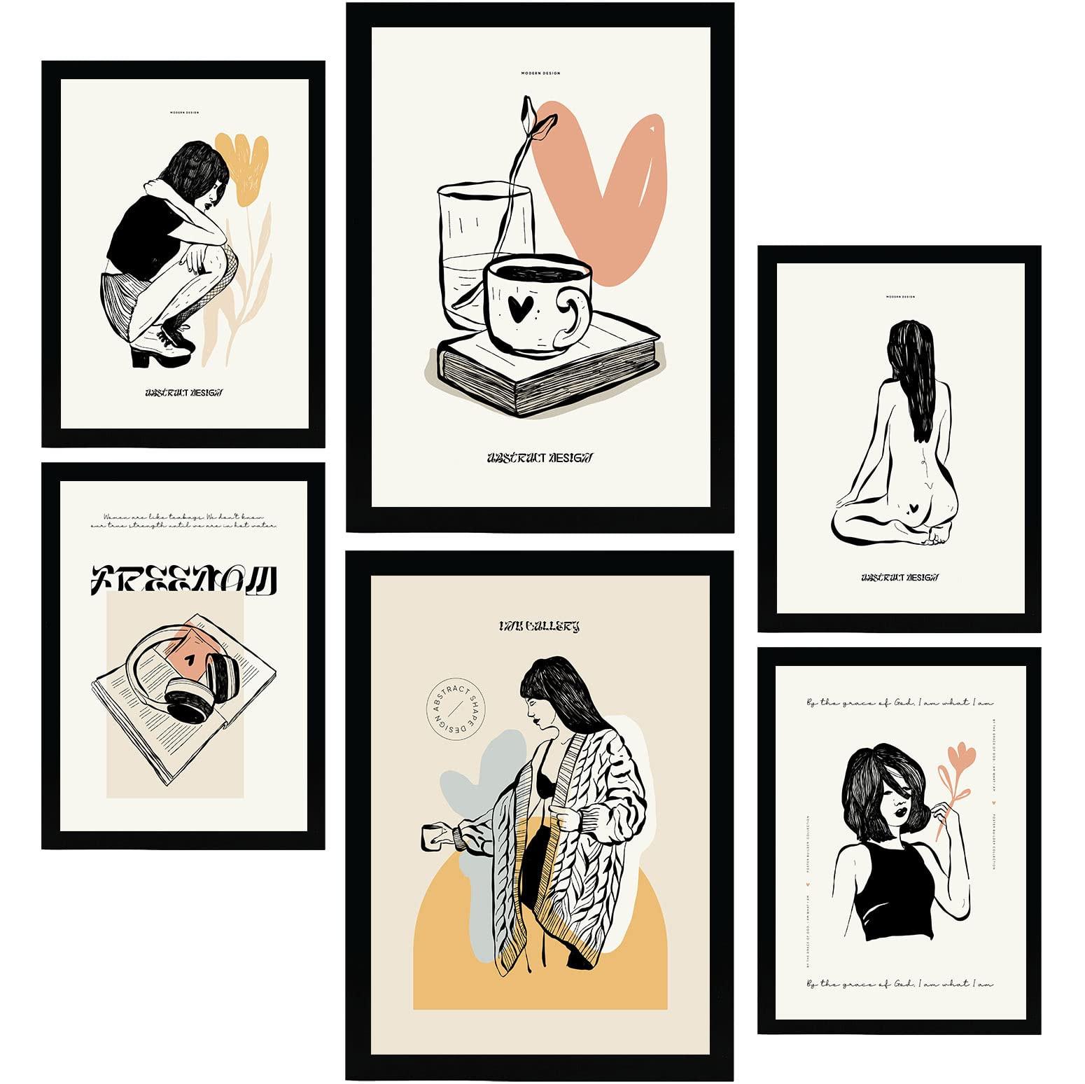 POSTER Set Mit 6 In Schwarzer Tinte Liebe Kunstdrucke Im Skizzenstil Für Innenarchitektur A3 & A4 Schwarzer Rahmen - Schwarz, Papier (29/3cm) - Nacnic