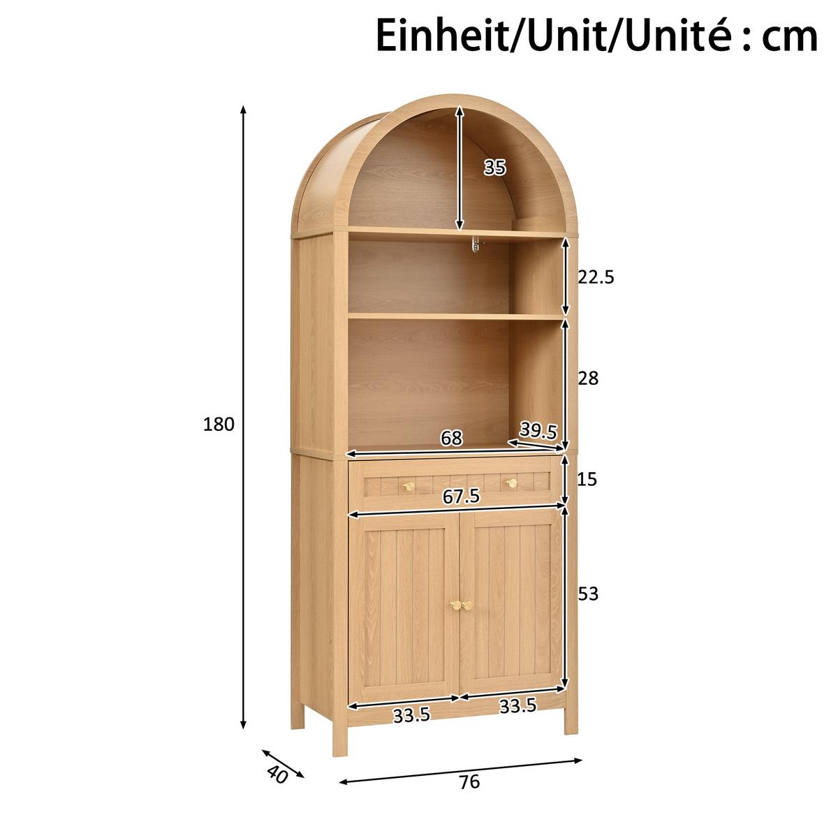 BUFFETSCHRANK Natur mit Bogenfront, Schublade & Doppeltüren mit Gewürzregalen - Naturfarben, Holzwerkstoff (76/180/40cm) - Urban Meuble