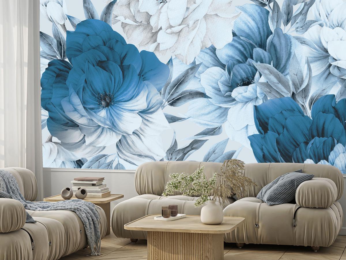 FOTOTAPETE für Wohnzimmer Blaue Pfingstrosen Zart Blumen Boho 200x140 - Blau/Weiß, Papier (200/140cm) - Muralo
