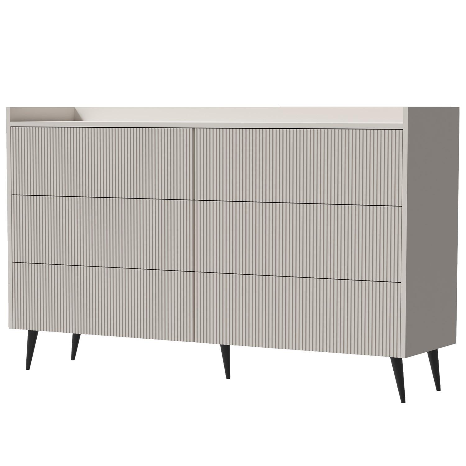 KOMMODE Amfali mit 6 Schubladen, geriffelte Fronten, Push-to-open, Metallbeine, 150 cm, Kaschmir - Kaschmir/Schwarz, Holzwerkstoff/Metall (150/92/41cm) - Beautysofa