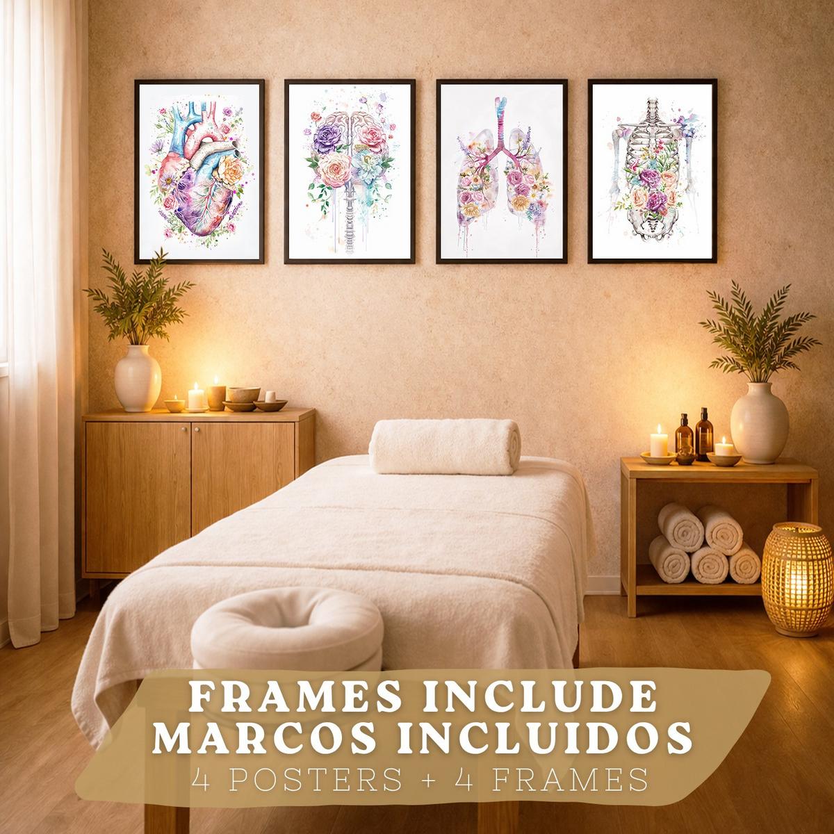 POSTER Set aus 4 Anatomie Mensch Drucke und mit Herz Gehirn Lungen Luftröhre Bronchien Wirbelsäule Florales Aquarell Design Größe Schwarzer Rahmen A4 - Schwarz, Papier (21/29.7/3cm) - Nacnic
