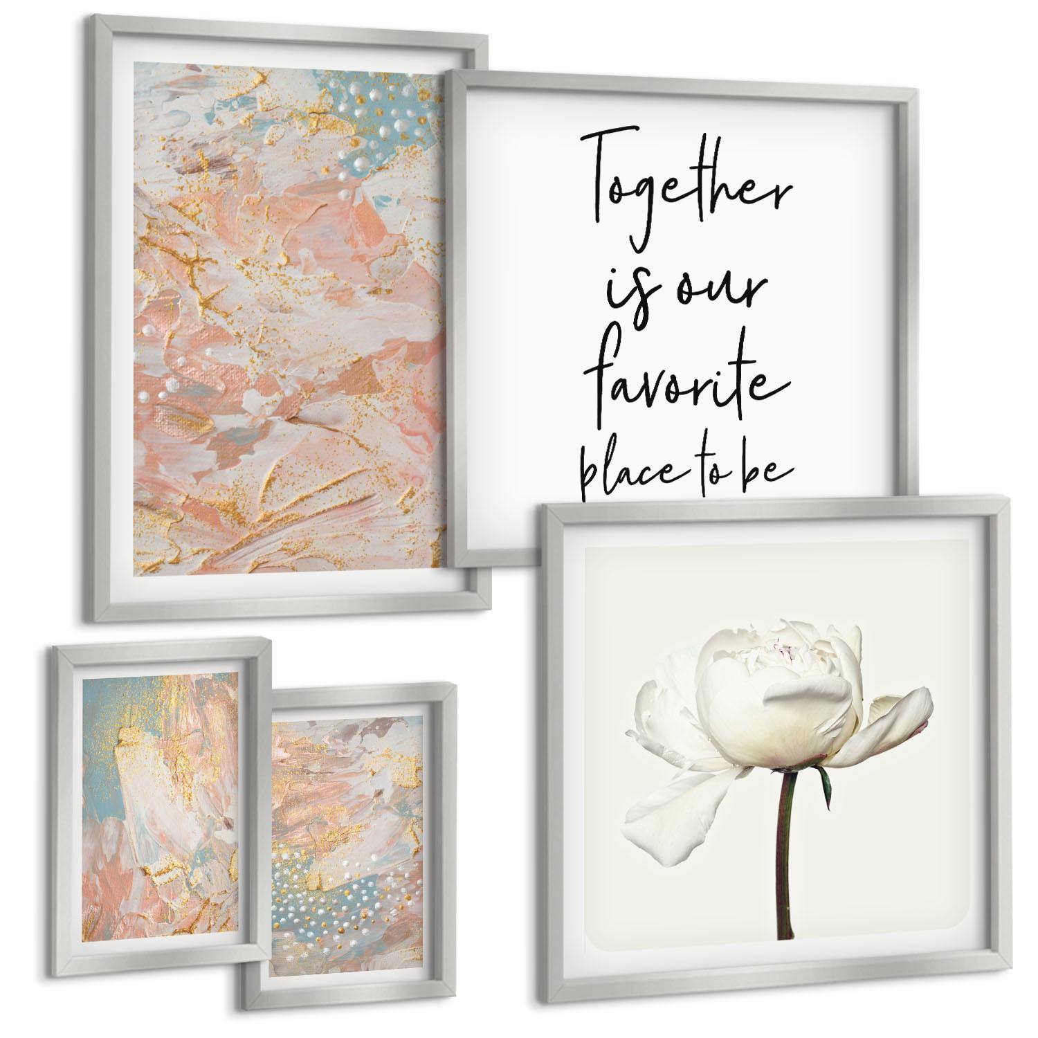 BILDER SET 5er Set - 50x50 cm & 20x30 cm & 40x60 cm Silberner Rahmen - Abstrakte Pastellmuster - Silberfarben, Kunststoff (40/60cm) - TULUP