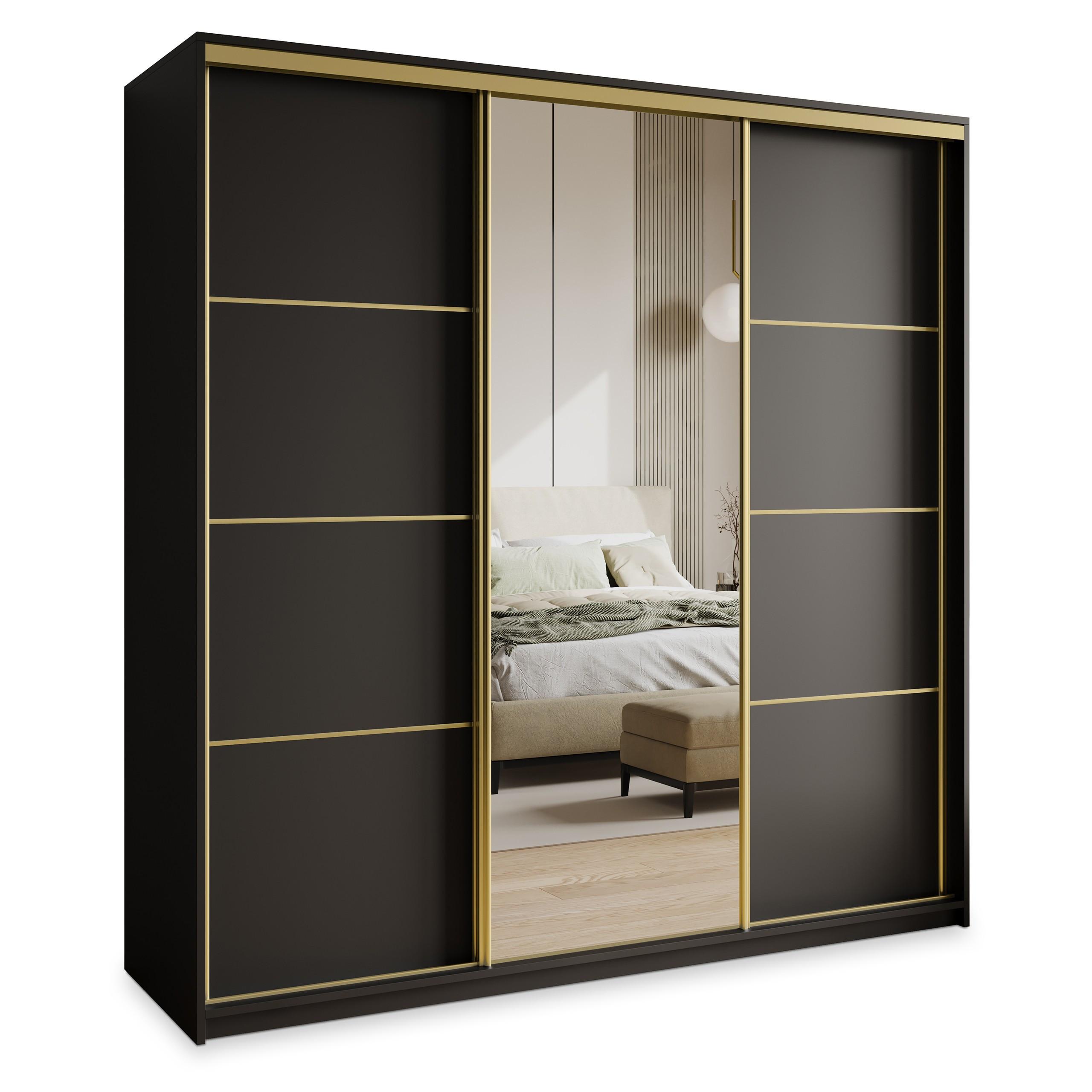 SCHWEBETÜRENSCHRANK VARO 200/205/60 cm 3-türig mit Spiegel Schwarz - Schwarz, Holzwerkstoff (200/205/60cm) - MASSENO