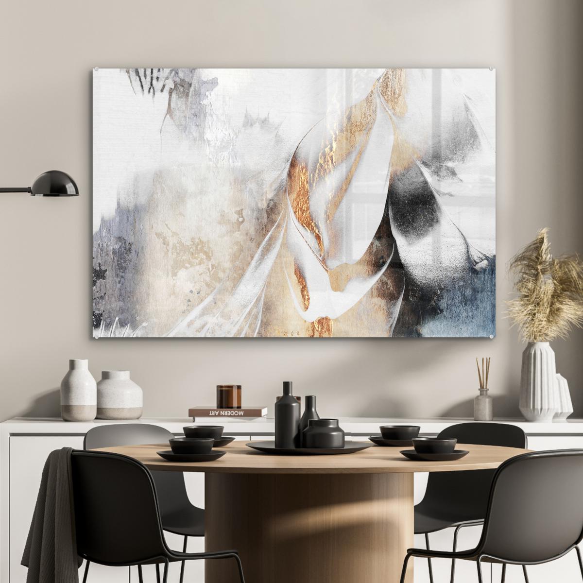 ACRYLGLASBILD Luxus - Abstrakt - Gold - Weiß Room Decor 90x60 cm - Goldfarben, Glas (90/60cm) - MuchoWow