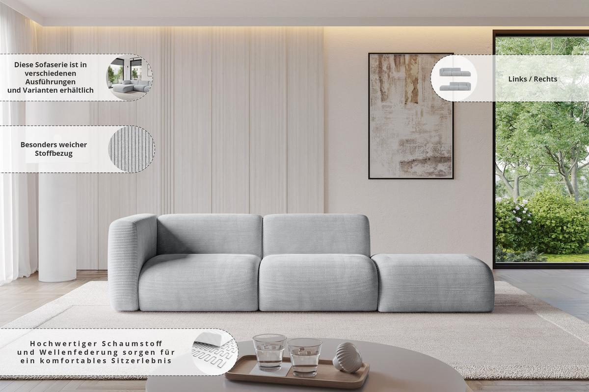 SOFA Ottomane Links MIRA-S3 296x89x70 Hellgrau Velours - Hellgrau/Schwarz, Holzwerkstoff/Kunststoff (296/70/89cm) - ALTDECOR