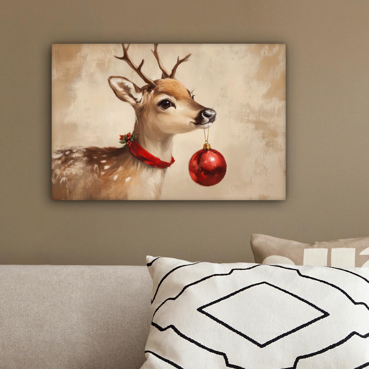 LEINWANDBILD Weihnachten - Hirsch - Geweih - Weihnachtskugel - Rentier Deko Schlafzimmer 30x20 cm - Hellbraun, Textil (30/20cm) - MuchoWow
