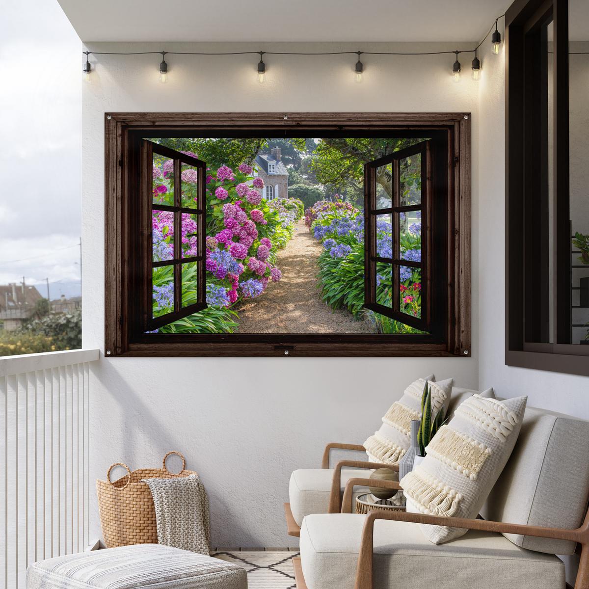 GARTENPOSTER Hortensie - Durchsichtig - Blumen - Lila - Natur - Dunkelbraunes Fenster Poster für draußen 180x120 cm - Dunkelbraun, Kunststoff (180/120/0.2cm) - OnlyWow