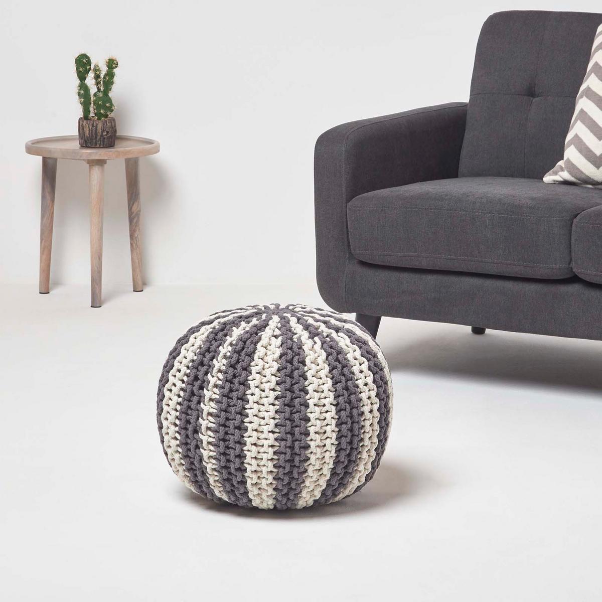 STRICKPOUF rund, grau-creme gestreift, 40/40/35 cm - Grau, Textil (40/35/40cm) - Homescapes