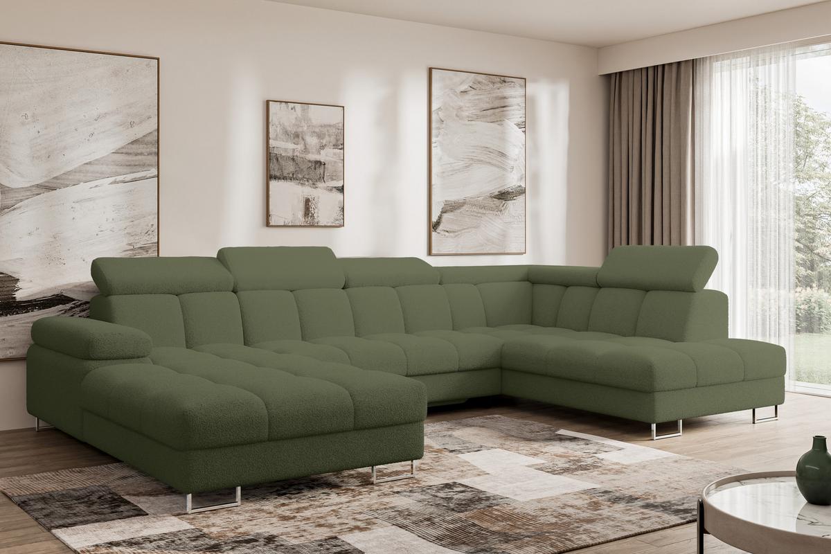 WOHNLANDSCHAFT mit Schlaffunktion und Bettkasten Ottomane RECHTS COMA U 345x203x79 Grün Bouclé - Smaragdgrün, Holzwerkstoff/Textil (203/79/345cm) - ALTDECOR