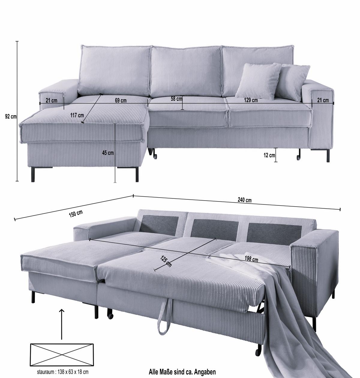ECKSOFA mit Schlaffunktion, Bettkasten, Wellenunterfederung, Récamiere links B240/T150/H92 cm, Liegefl. 125x198 cm, Cord Braun Taupe / 17225 - Schwarz/Braun, Textil/Metall (240/150cm) - luma-home