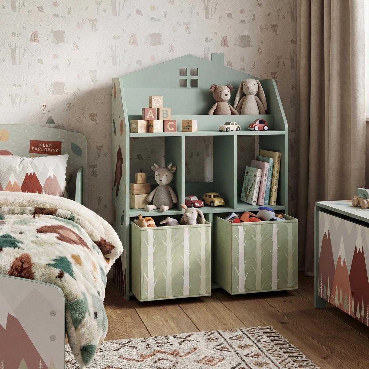 KINDER-BÜCHERREGAL MDF Vliesstoff Grün - Grün, Holzwerkstoff (30/91.5/62.5cm) - AIYAPLAY