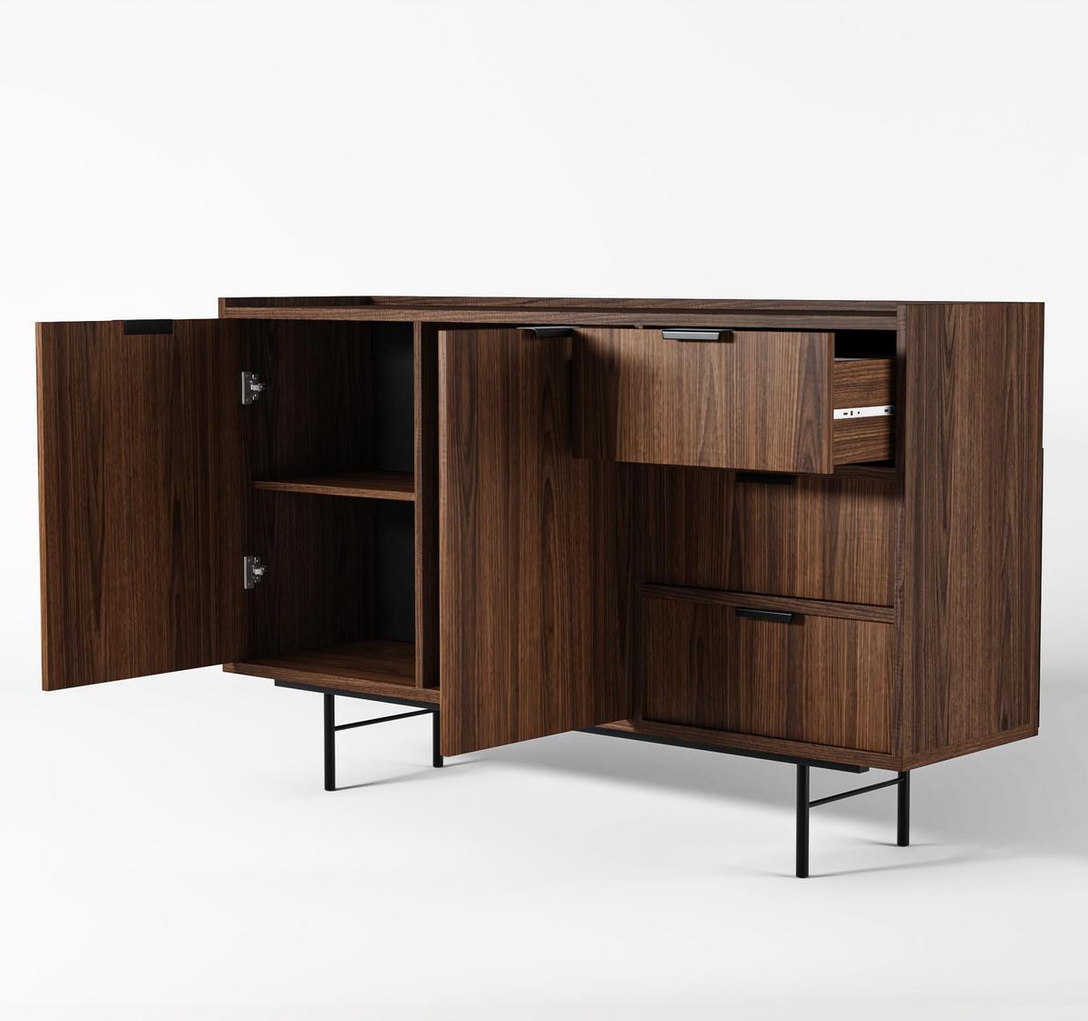 SIDEBOARD Nordiva 2T 3S Warmia Walnut 150/90/40 cm – Metallgestell - Walnussfarben/Schwarz, Holzwerkstoff/Metall (150/91/40cm) - AX Living